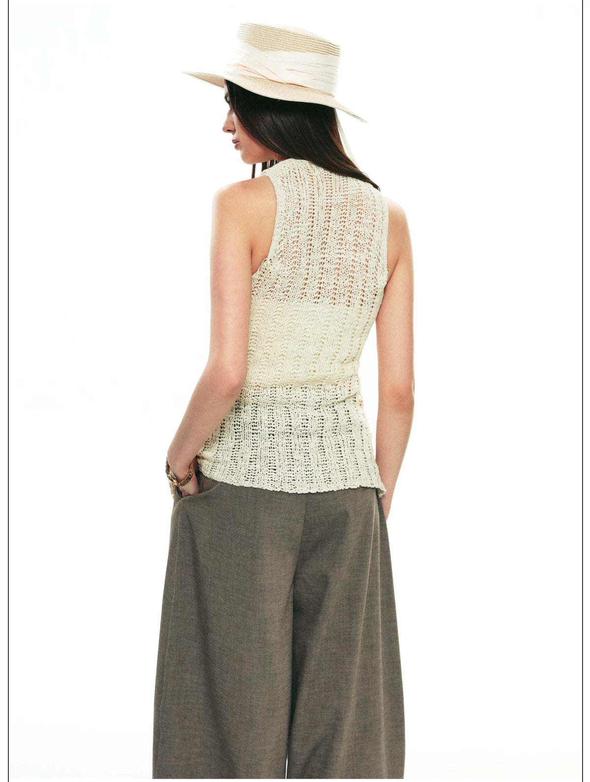 French Vintage Sleeveless Pointelle Knit Vest for Summer