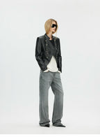 Napoleonic Metal Button Double-Breasted Structured Leather Jacket