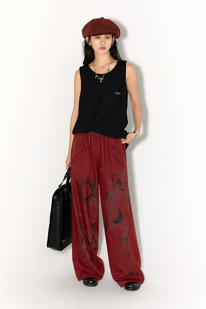 Retro Sun Print Loose Fit Casual Pants – Breathable Spring/Summer Trousers