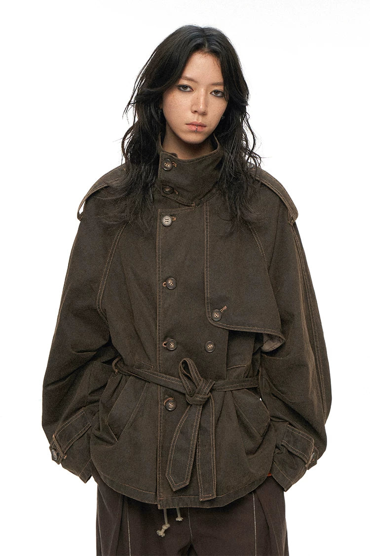 Raglan Sleeve Detachable Panel Cotton Denim Cropped Brown Trench Jacket