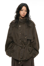 Raglan Sleeve Detachable Panel Cotton Denim Cropped Brown Trench Jacket