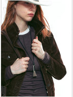 French-Inspired Vintage Flocked Twill Cropped Biker Jacket