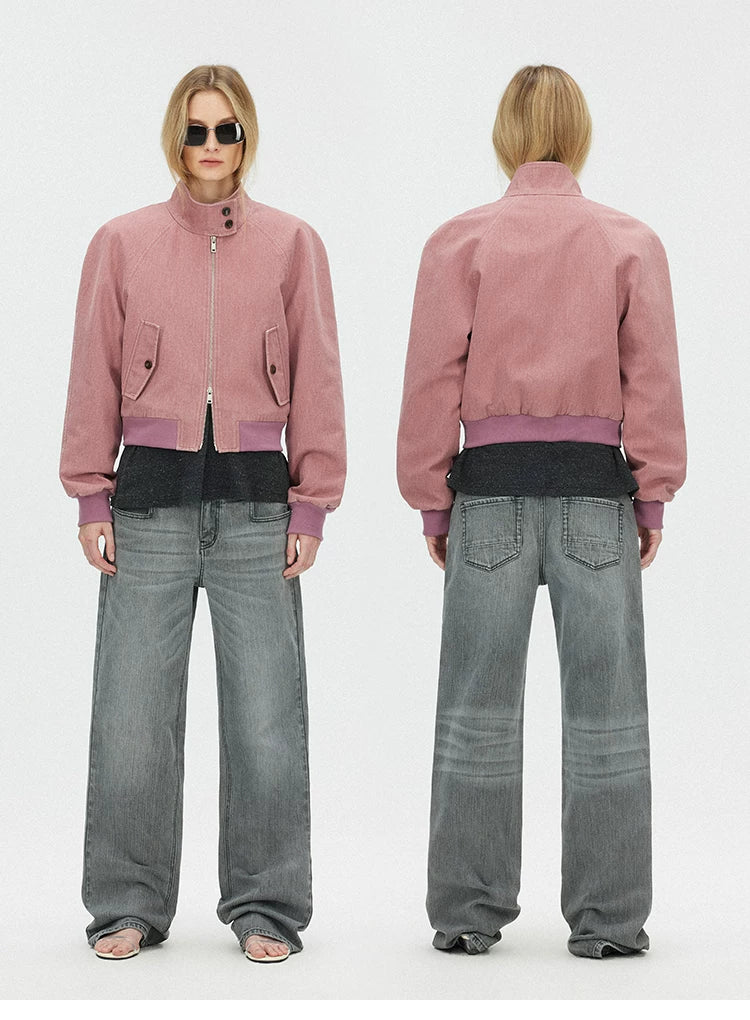 Vintage Washed Cropped Jacket with Plaid Lining