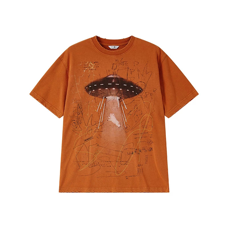 Alien UFO Pig Graphic Short Sleeve T-Shirt