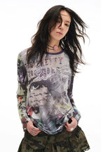 Pop Art Collage Stretch Mesh Long Sleeve Top