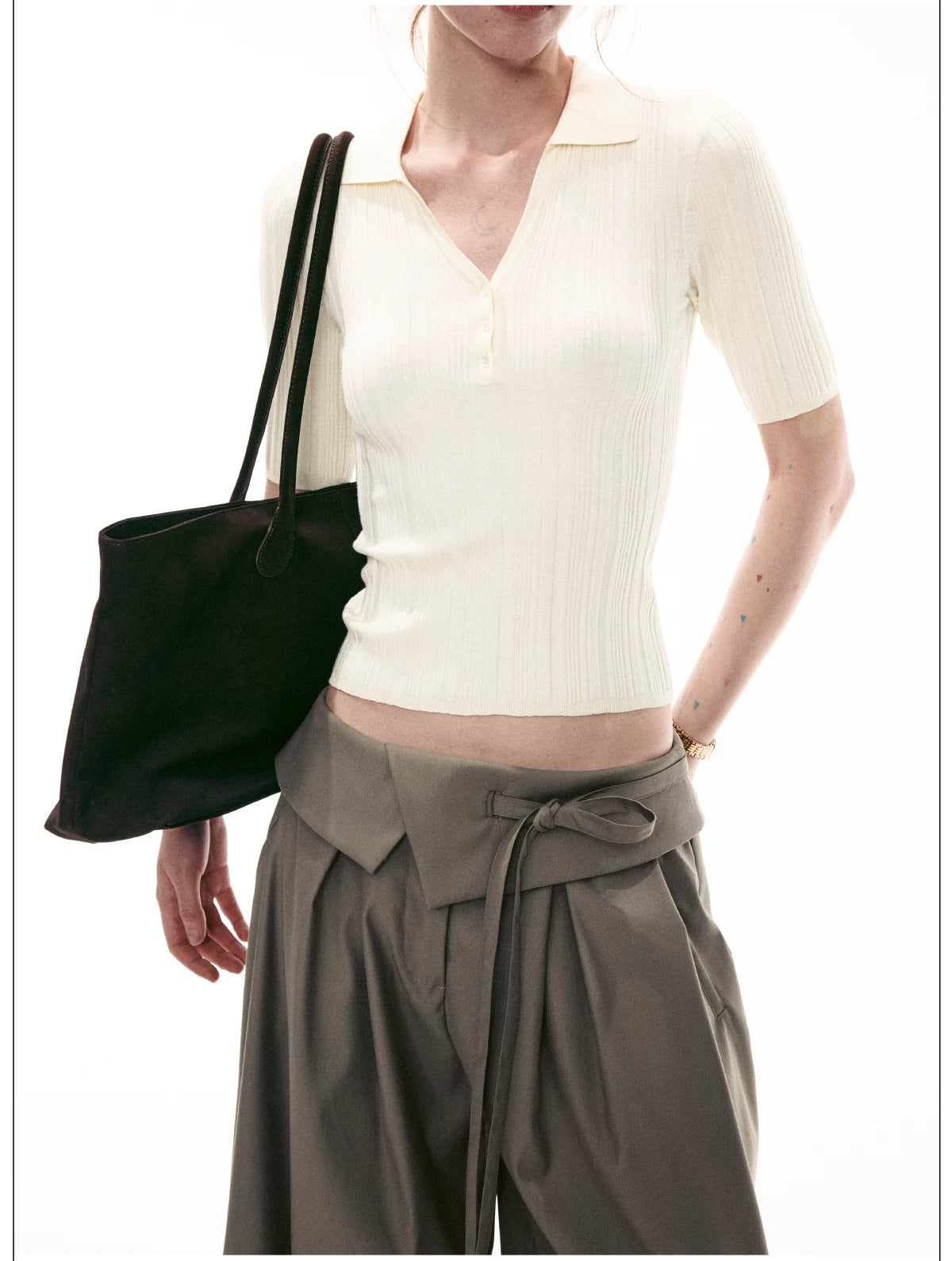 French-Inspired Ribbed Half Sleeve Polo Knit Top