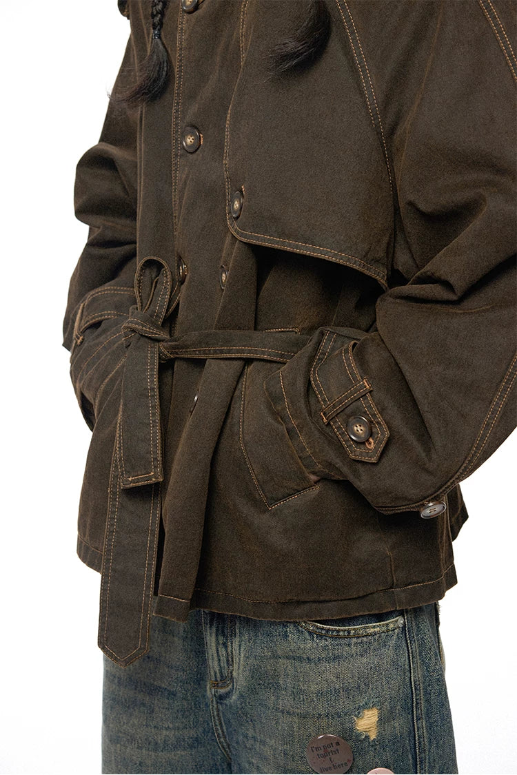 Raglan Sleeve Detachable Panel Cotton Denim Cropped Brown Trench Jacket