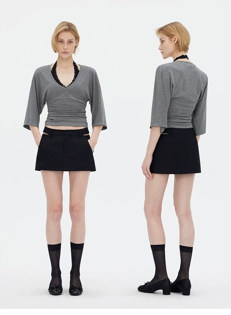 V-Neck Batwing Sleeve Waist-Cinching Knit Top