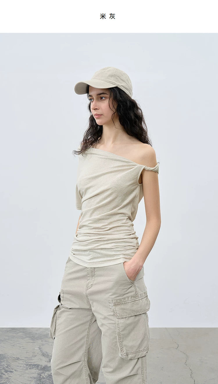 Summer Loose Casual One-Shoulder Asymmetrical Ruched T-Shirt