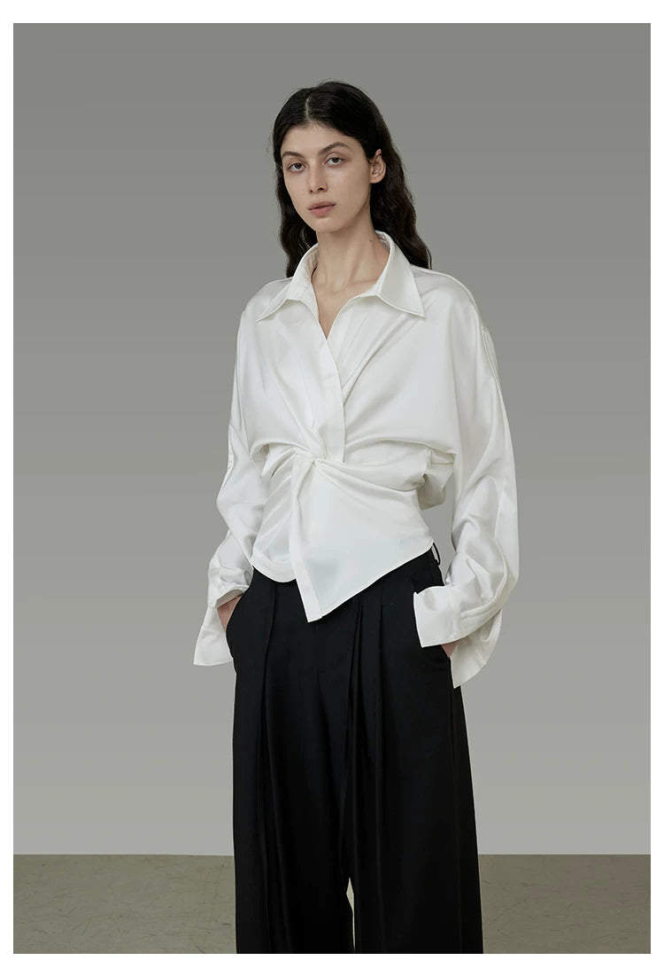 French-Inspired Satin V-Neck Twist Knot Blouse