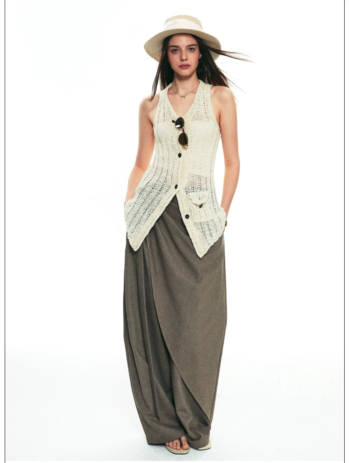 French Vintage Sleeveless Pointelle Knit Vest for Summer