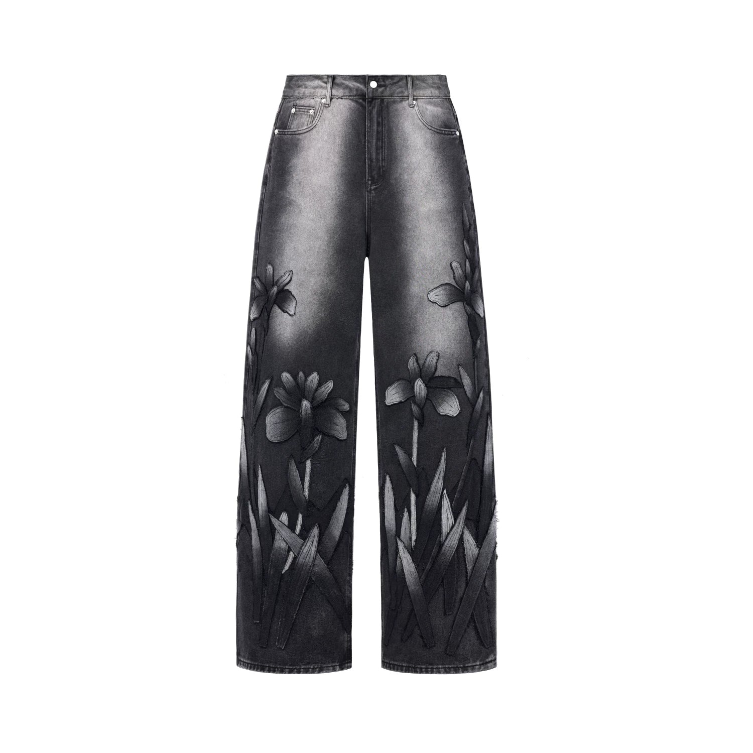 Heavyweight Washed Straight-Leg Jeans with Floral Appliqué Main image