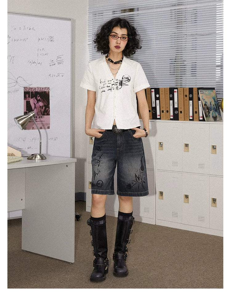 Rock Print Pleated Short Sleeve Shirt