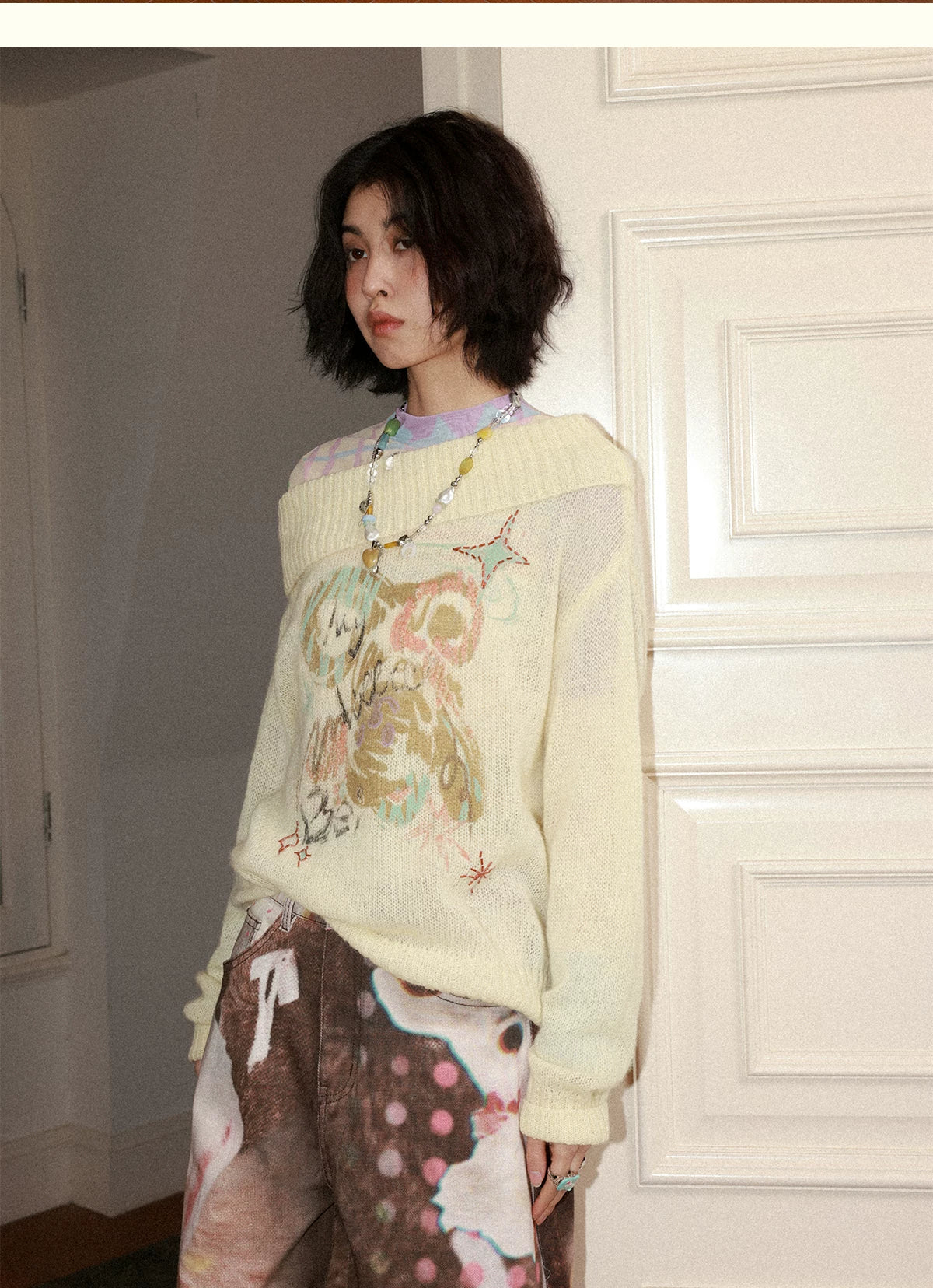Graffiti Beaded Off-Shoulder Pullover Sweater