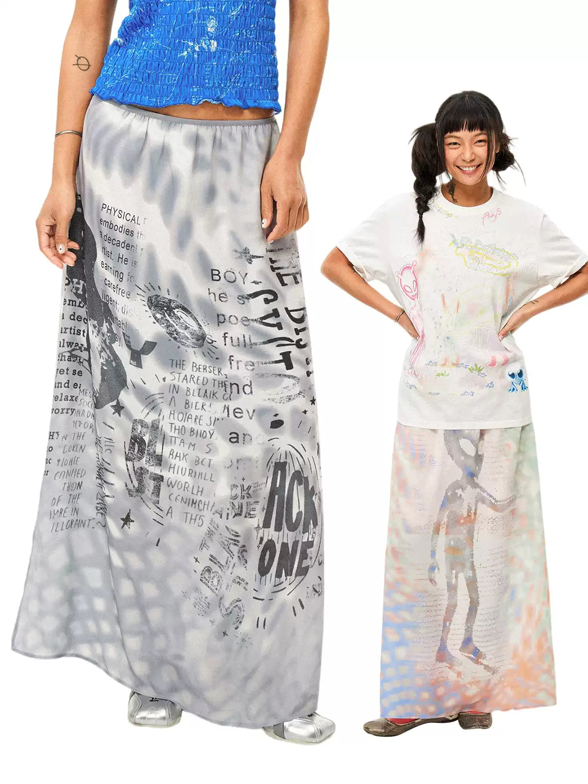 Reversible Alien Futuristic Print Chiffon Mesh Skirt