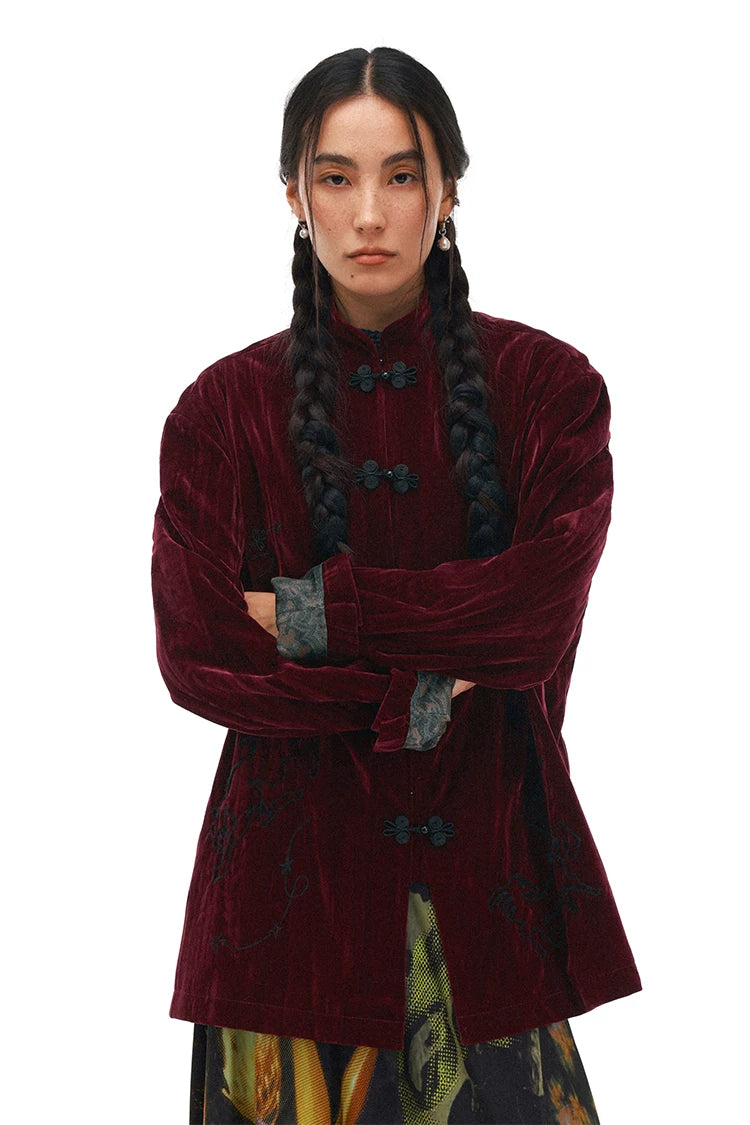 Year of the Horse Velvet Embroidered Chinese Frog Button Stand Collar Cardigan Jacket