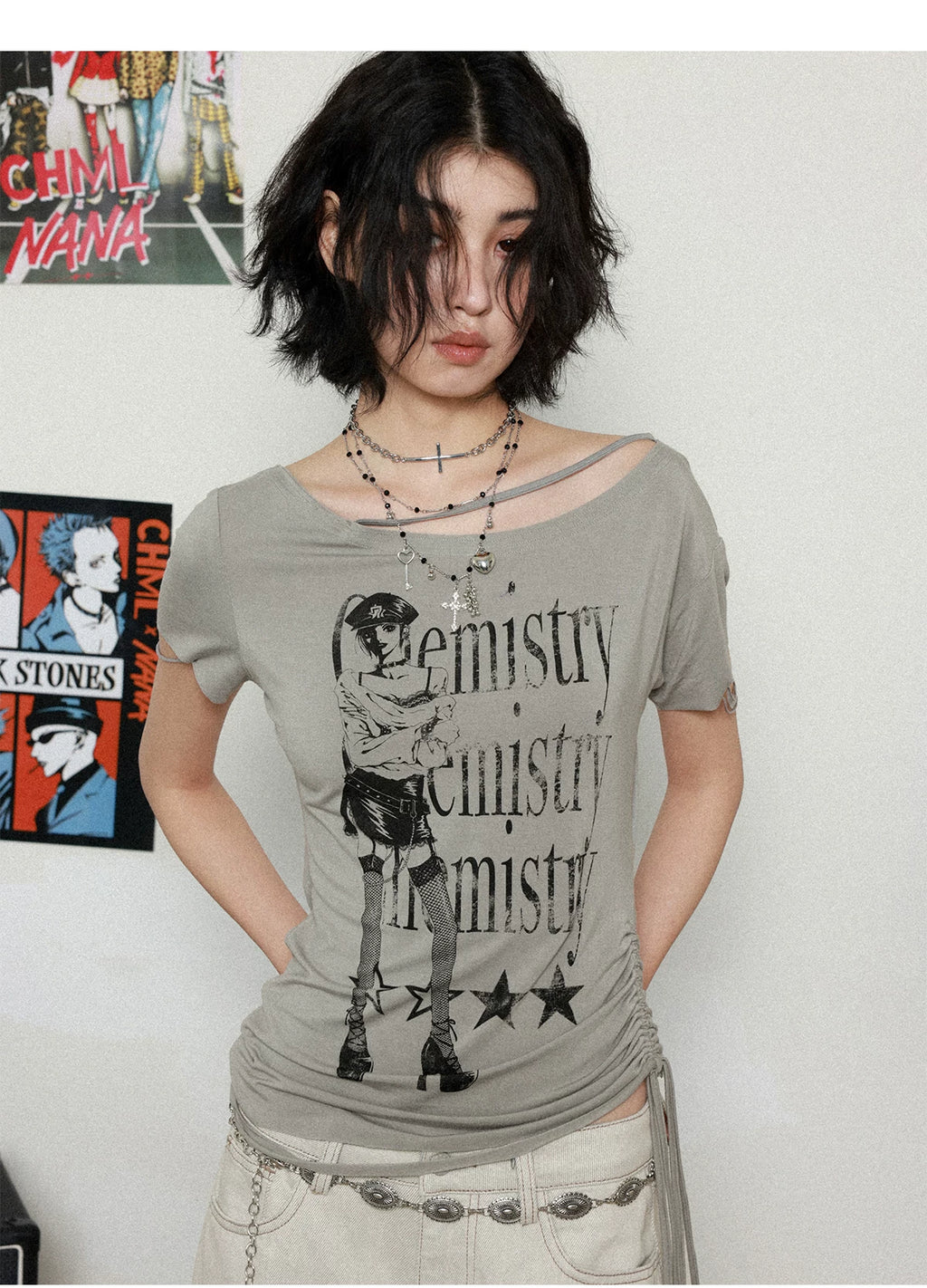 NANA Collaboration Distressed Drawstring Off-Shoulder Short Sleeve T-Shirt