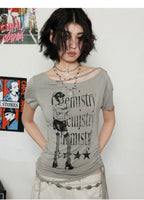 NANA Collaboration Distressed Drawstring Off-Shoulder Short Sleeve T-Shirt