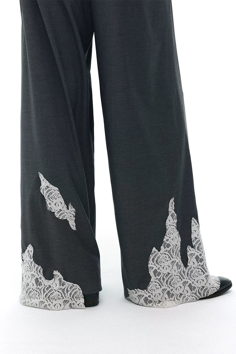 Draped Wool Trousers with Lace Patchwork