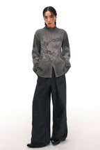 Chinese-Inspired Dragon Print Half-Zip Cardigan Sweater