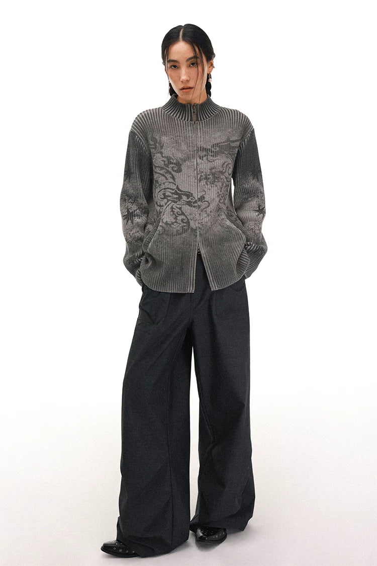 Chinese-Inspired Dragon Print Half-Zip Cardigan Sweater
