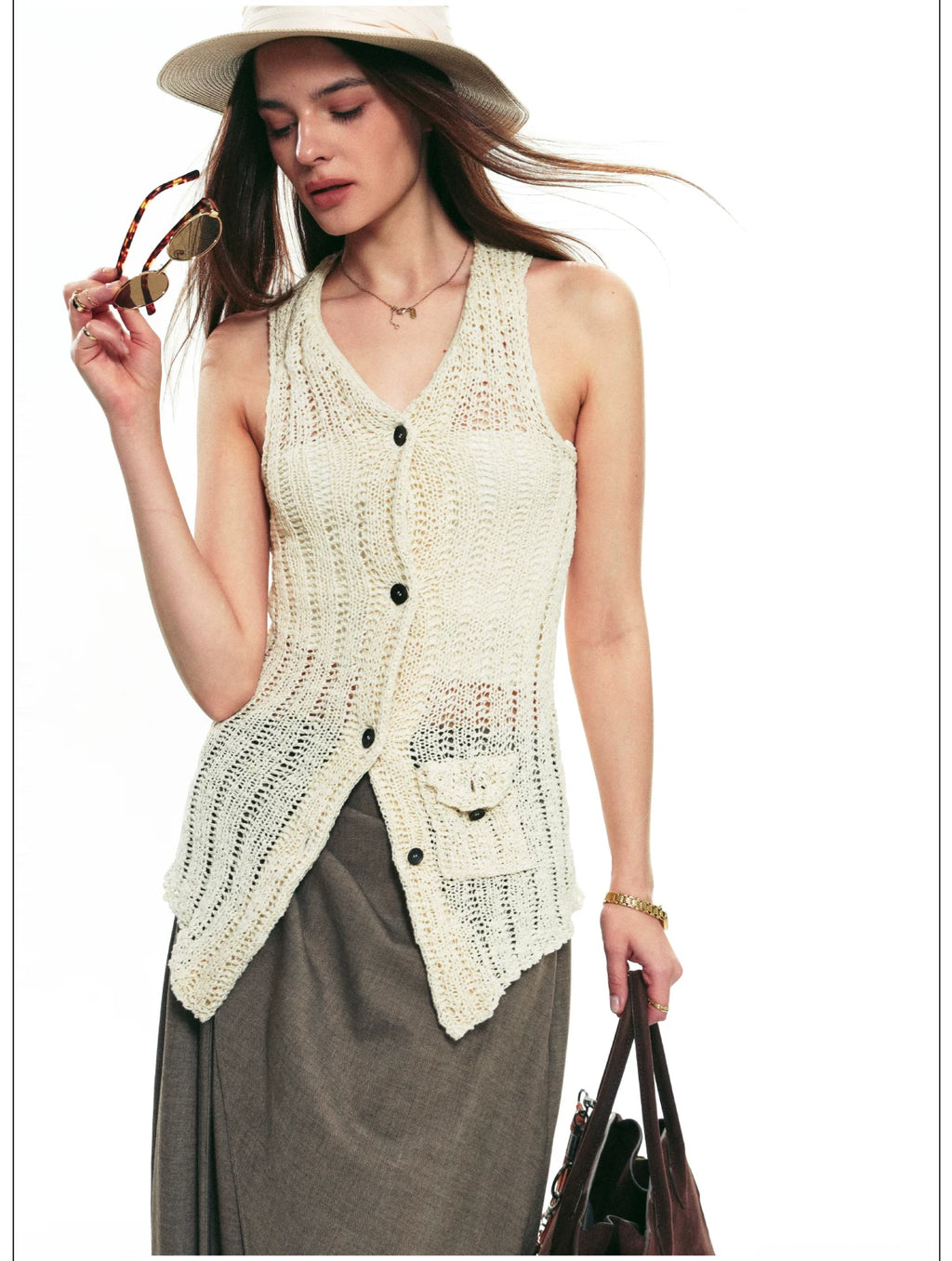 French Vintage Sleeveless Pointelle Knit Vest for Summer