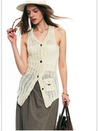 French Vintage Sleeveless Pointelle Knit Vest for Summer