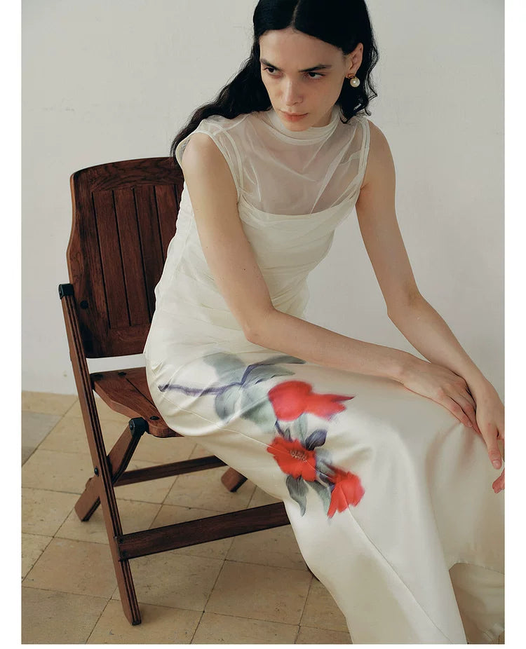 Gradient Pomegranate Floral Straight Skirt