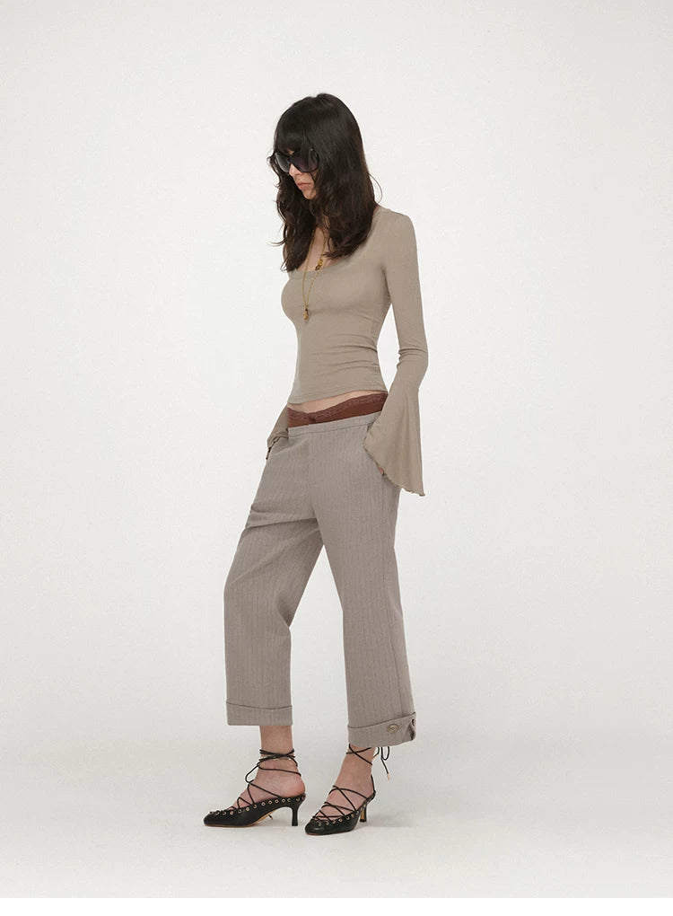 U-Neck Bell Sleeve Fitted Long Sleeve Top