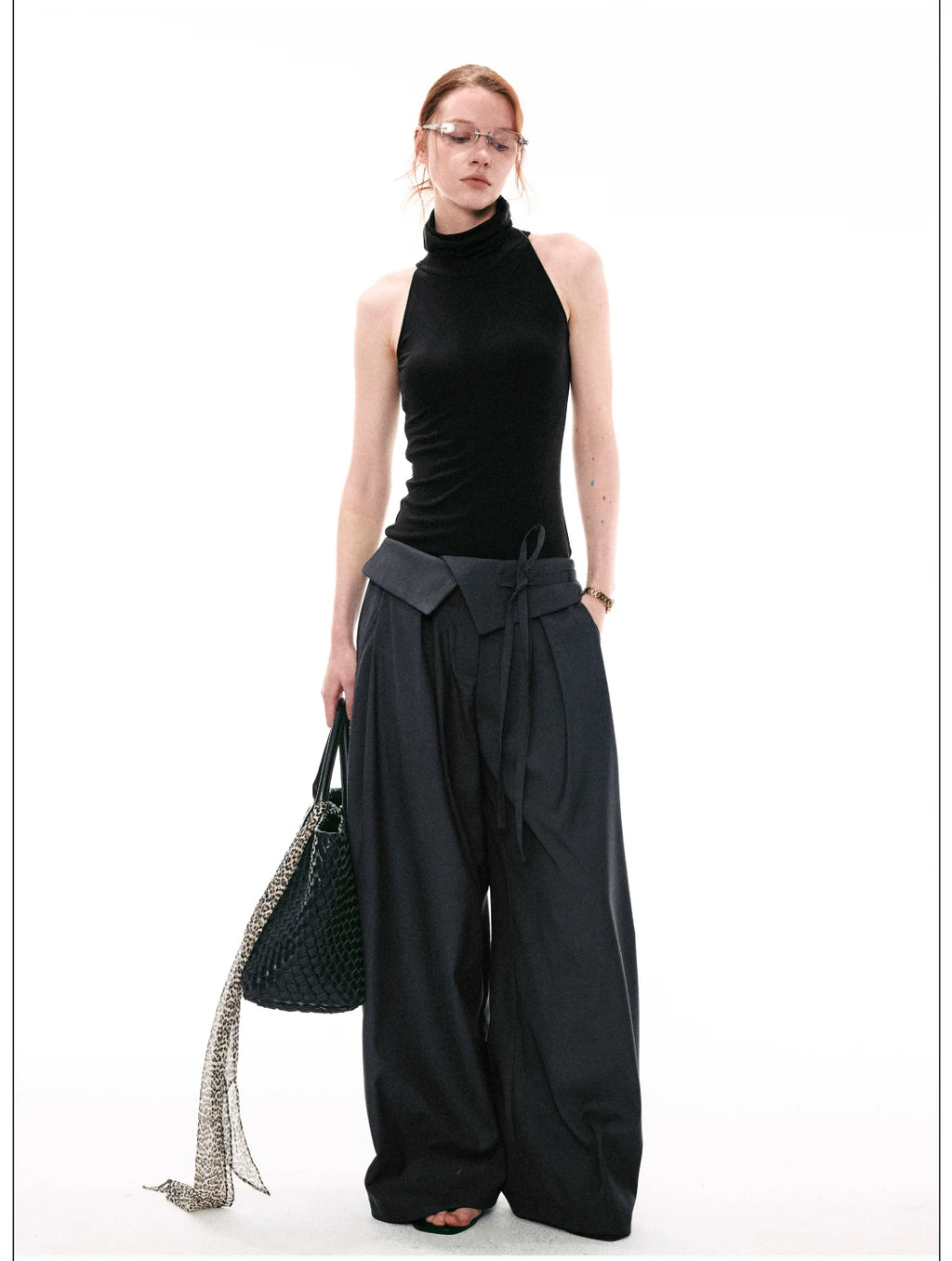 French Style Foldover Wide-Waist Tie Loose Wide-Leg Pants