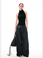 French Style Foldover Wide-Waist Tie Loose Wide-Leg Pants