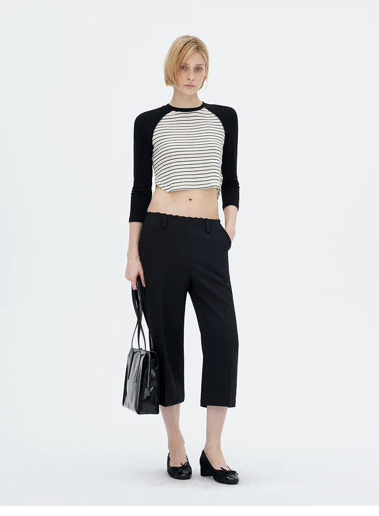 Contrast Raglan 3/4 Sleeve Curved Hem Cropped T-Shirt