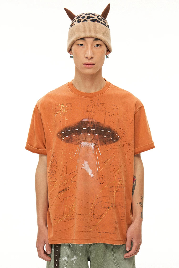 Alien UFO Pig Graphic Short Sleeve T-Shirt