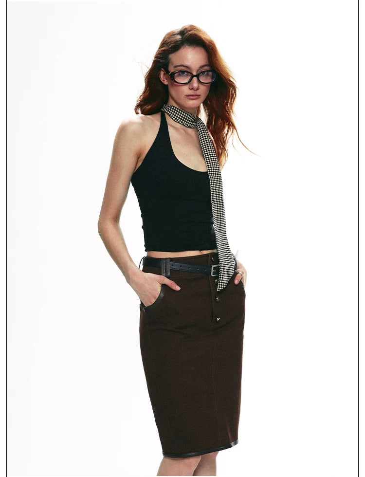 Vintage Contrast Leather Trim Utility Pencil Skirt