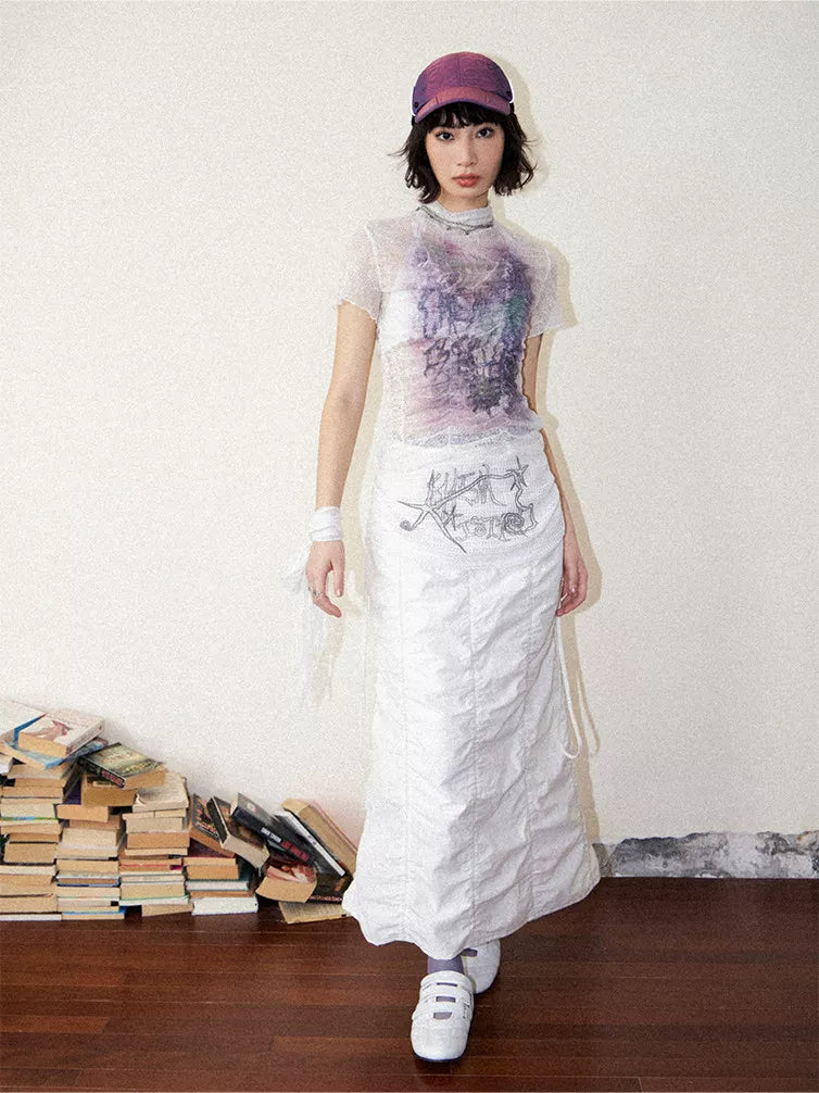 Lace Ruched Slim-Fit Printed Short Sleeve T-Shirt