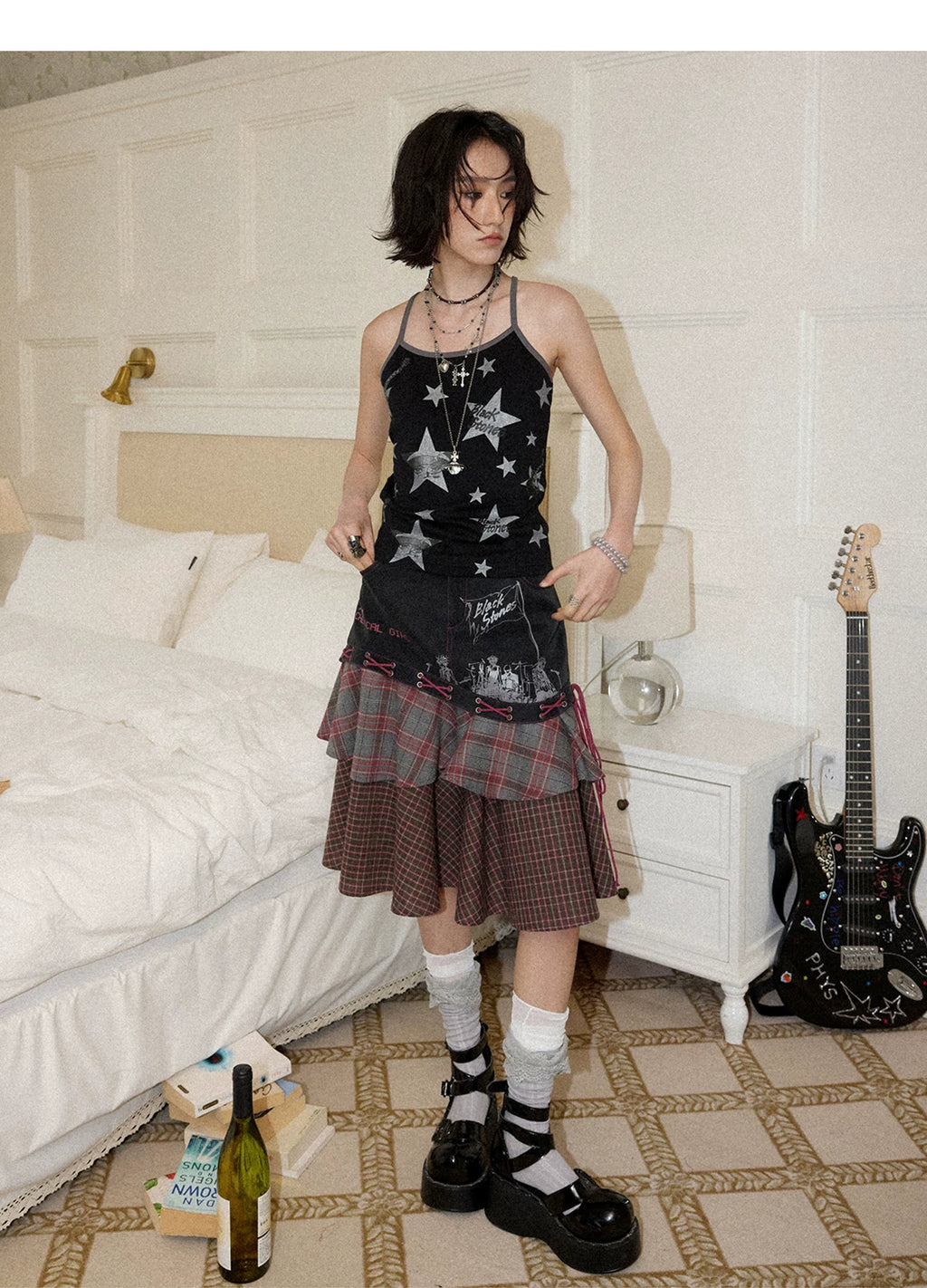 NANA Collaboration Plaid Patchwork Lace-Up Tiered Skirt