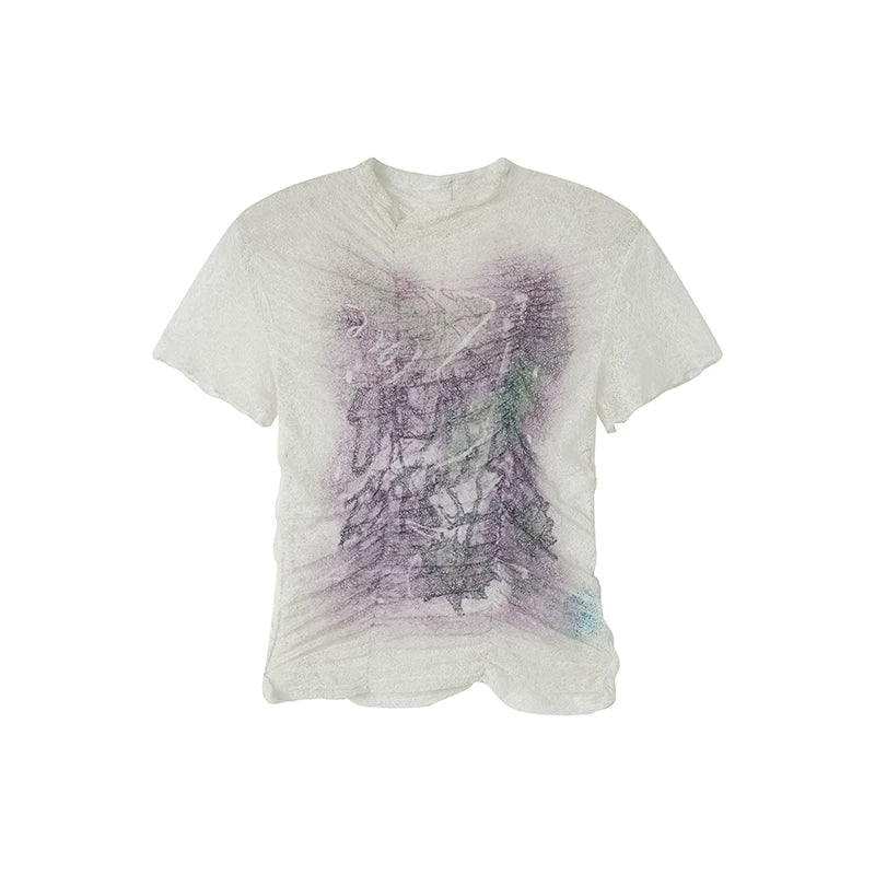 Lace Ruched Slim-Fit Printed Short Sleeve T-Shirt