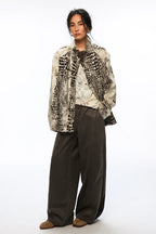 Leopard Print Faux Fur Glossy Stand Collar Cropped Casual Jacket