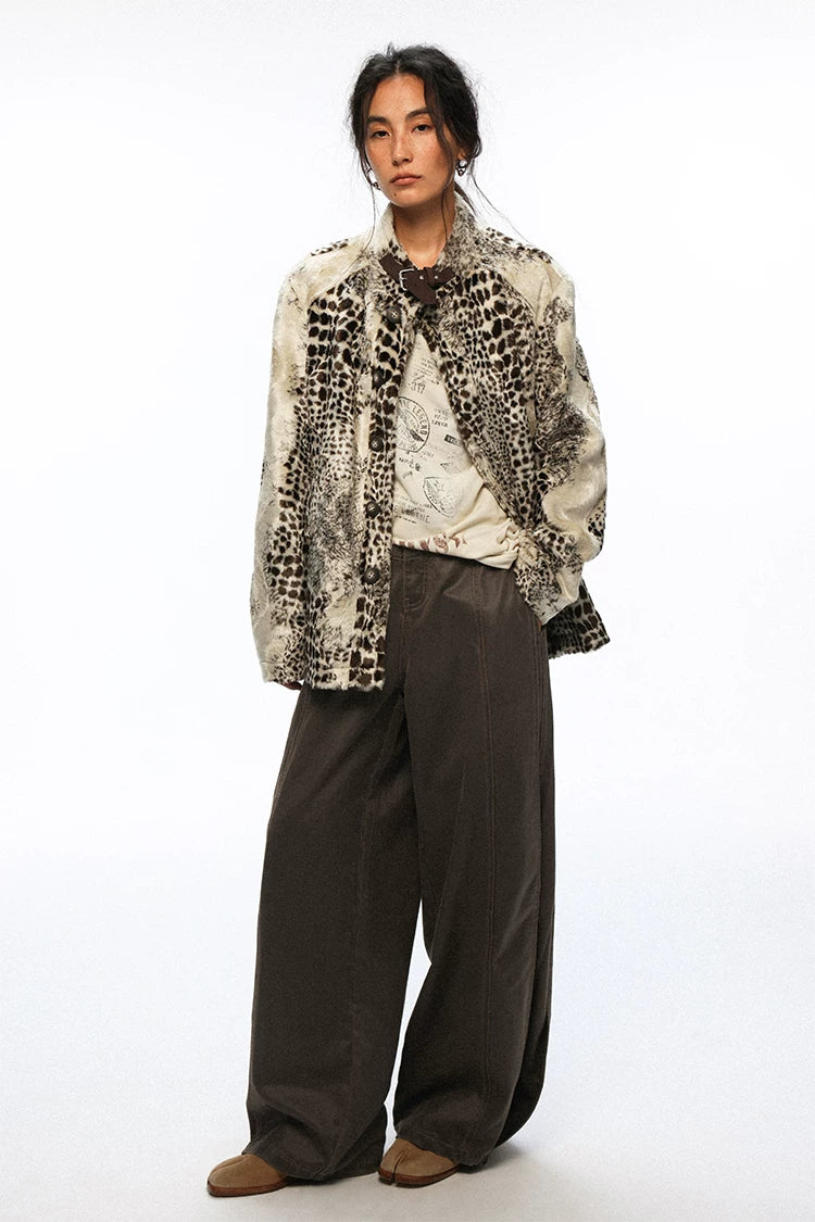 Leopard Print Faux Fur Glossy Stand Collar Cropped Casual Jacket