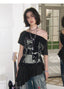 NANA Collaboration Asymmetrical Off-Shoulder Lace Hem Lace-Up Graphic T-Shirt
