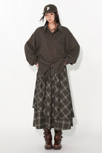 Patchwork Plaid Asymmetrical Drawstring Versatile Playful Maxi Skirt
