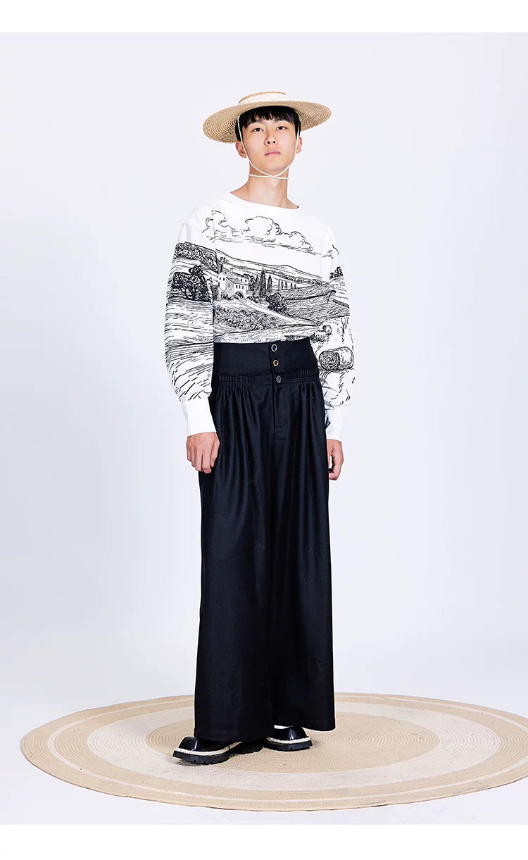 Vintage High-Waist Ruched Loose Wide-Leg Pants