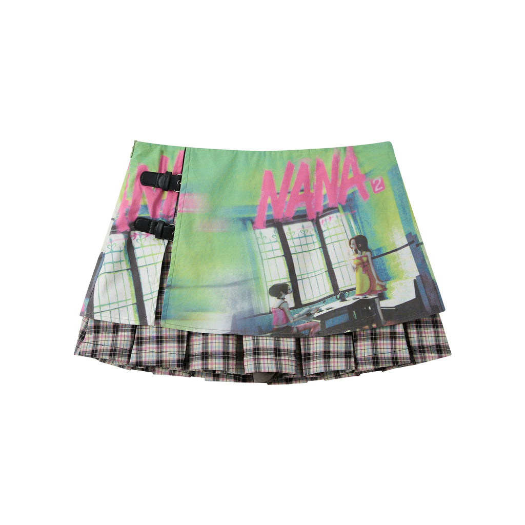 NANA Collaboration Plaid Patchwork Printed Pleated Skirt