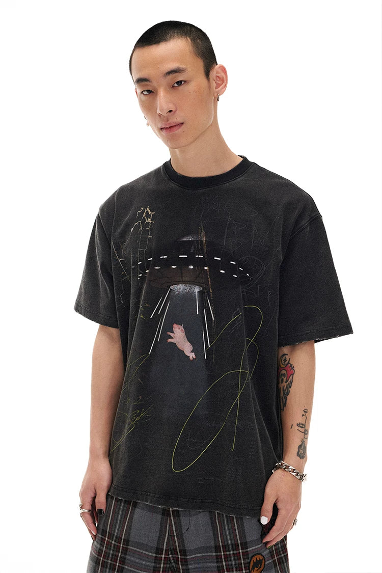 Alien UFO Pig Graphic Short Sleeve T-Shirt