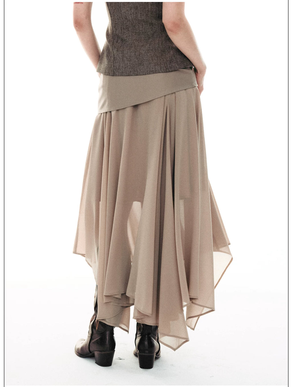 French-Inspired Faux Two-Piece Asymmetric Silk Skirt