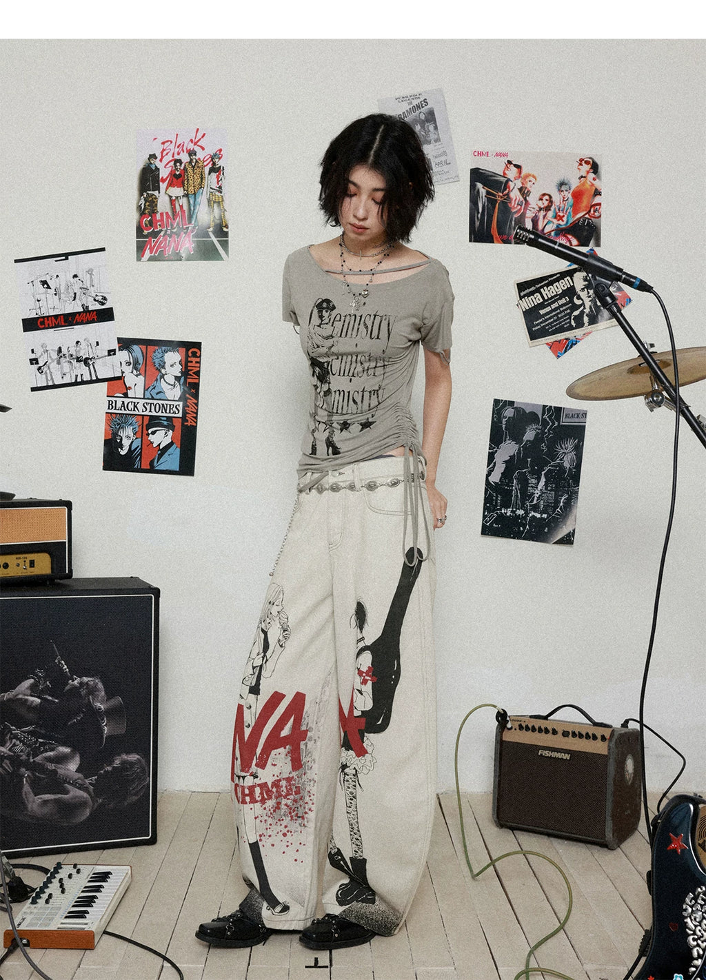 NANA Collaboration Distressed Drawstring Off-Shoulder Short Sleeve T-Shirt