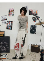 NANA Collaboration Distressed Drawstring Off-Shoulder Short Sleeve T-Shirt