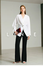 French V-Neck Waist-Cinching Blouse