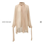 Mulberry Silk Semi-Sheer Tie-Neck Blouse