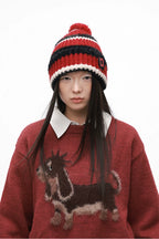 Punk Dog Faux Mink Jacquard Retro Color-Block Soft Knit Sweater